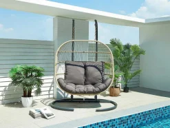 Hangfauteuil Voor 2 Personen Van Gevlochten Hars - Licht Naturel Met Antracietgrijs Kussen - Lissandra Van Mylia