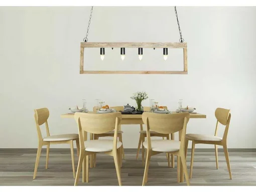 Hanglamp In Industriele Stijl Olius - Hout En Metaal - 4 Lampen - H31 X L100 Cm - Naturel En Zwart