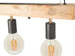 Hanglamp Van Hout Julbo Met 5 Lampen In Industriele Stijl - Hout En Metaal - H17,5 X L100 Cm - Naturel En Zwart
