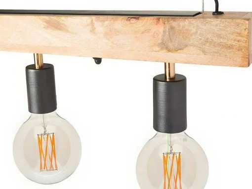 Hanglamp Van Hout Julbo Met 5 Lampen In Industriele Stijl - Hout En Metaal - H17,5 X L100 Cm - Naturel En Zwart