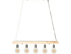 Hanglamp Van Hout Julbo Met 5 Lampen In Industriele Stijl - Hout En Metaal - H17,5 X L100 Cm - Naturel En Zwart