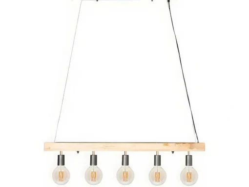 Hanglamp Van Hout Julbo Met 5 Lampen In Industriele Stijl - Hout En Metaal - H17,5 X L100 Cm - Naturel En Zwart
