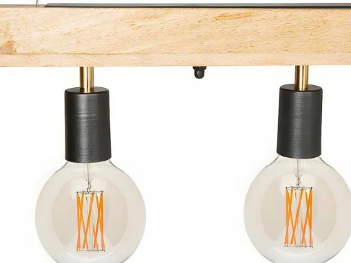 Hanglamp Van Hout Julbo Met 5 Lampen In Industriele Stijl - Hout En Metaal - H17,5 X L100 Cm - Naturel En Zwart