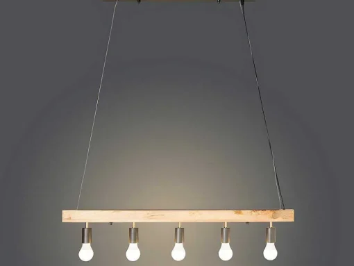Hanglamp Van Hout Julbo Met 5 Lampen In Industriele Stijl - Hout En Metaal - H17,5 X L100 Cm - Naturel En Zwart