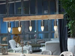 Hanglamp Van Hout Julbo Met 5 Lampen In Industriele Stijl - Hout En Metaal - H17,5 X L100 Cm - Naturel En Zwart
