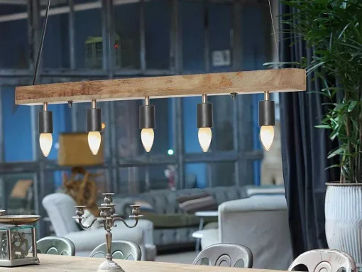 Hanglamp Van Hout Julbo Met 5 Lampen In Industriele Stijl - Hout En Metaal - H17,5 X L100 Cm - Naturel En Zwart