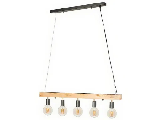 Hanglamp Van Hout Julbo Met 5 Lampen In Industriele Stijl - Hout En Metaal - H17,5 X L100 Cm - Naturel En Zwart
