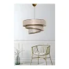 Hanglamp Van Stof En Metaal - D. 40 X H. 30 - 70 Cm - Taupe En Goudkleurig - Tairon