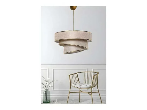 Hanglamp Van Stof En Metaal - D. 40 X H. 30 - 70 Cm - Taupe En Goudkleurig - Tairon