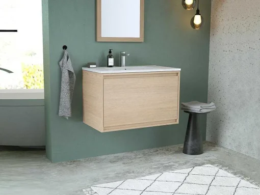Hangmeubel Voor Badkamer Met Inbouwwastafel - Eikenfineer - 80 Cm - Mesliva