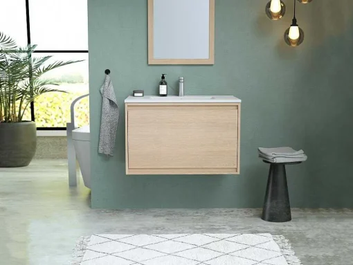 Hangmeubel Voor Badkamer Met Inbouwwastafel - Eikenfineer - 80 Cm - Mesliva