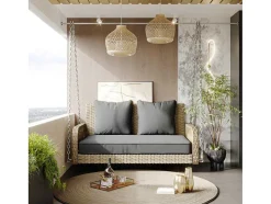 Hangstoel In Geweven Hars - Tuinschommel - 2 Plaatsen - Met Kussens - Beige & Grijs