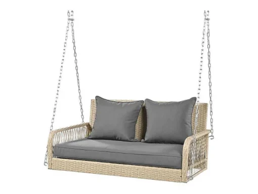 Hangstoel In Geweven Hars - Tuinschommel - 2 Plaatsen - Met Kussens - Beige & Grijs