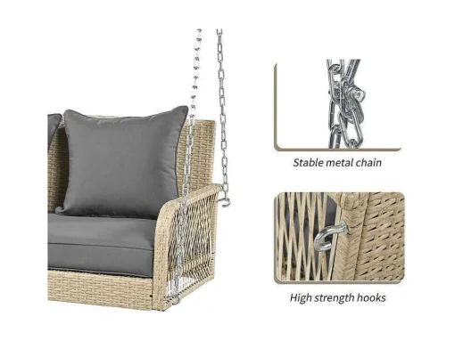 Hangstoel In Geweven Hars - Tuinschommel - 2 Plaatsen - Met Kussens - Beige & Grijs