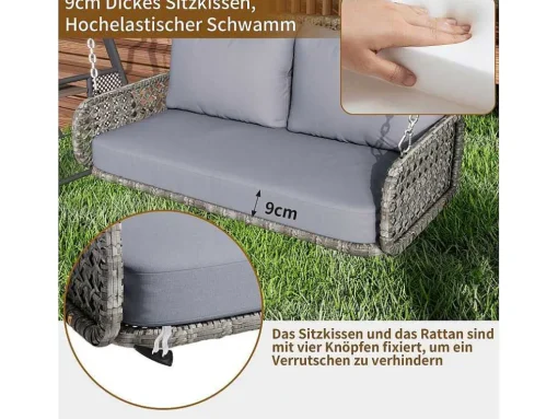 Hangstoel Van 240 Cm In Pe Rotan - 2 Plaatsen - Inclusief Kussens - Grijs