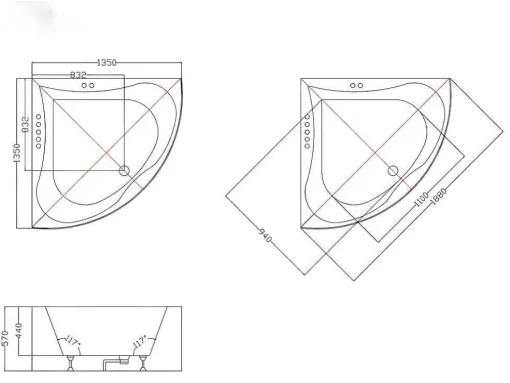 Hoekbadkuip Agyness - 263L - 135 X 135 X H57 Cm