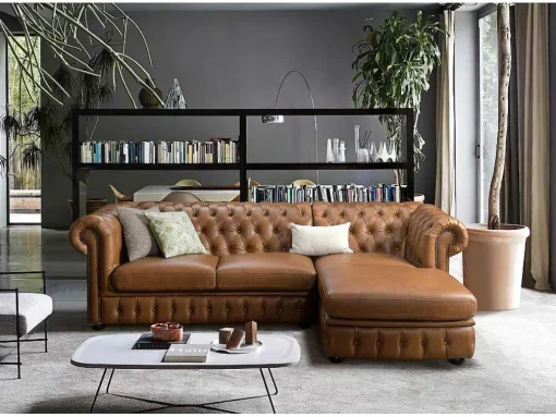 Hoekbank Chesterfield Brenton 100% Buffelleer - Hoek Rechts - Vintage Caramel