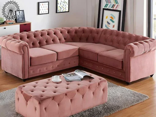 Hoekbank Van Fluweel Chesterfield - Pastel Roze