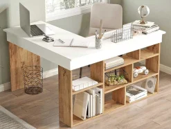 Hoekbureau Met Opbergruimte - Wit En Naturel - Lileul