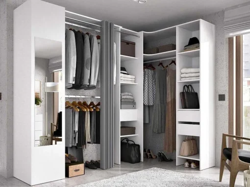 Hoekkledingkast Met Gordijn En 1 Deur - Met Spiegel - L231 Cm - Wit En Grijs - Bertrand
