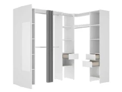 Hoekkledingkast Met Gordijn En 1 Deur - Met Spiegel - L231 Cm - Wit En Grijs - Bertrand