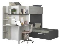Hoekstapelbed 2 X 90 X 190 Cm - Met Bureau - Grijs, Wit En Zwart - Samuel