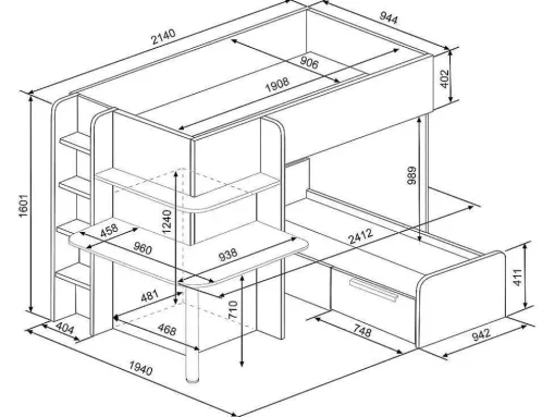 Hoekstapelbed 2 X 90 X 190 Cm - Met Bureau - Grijs, Wit En Zwart - Samuel