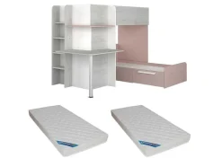 Hoekstapelbed 2 X 90 X 190 Cm - Met Bureau - Grijs, Wit En Roze + Matras - Samuel