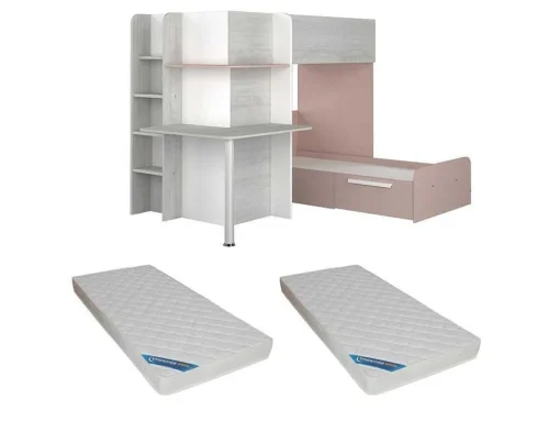 Hoekstapelbed 2 X 90 X 190 Cm - Met Bureau - Grijs, Wit En Roze + Matras - Samuel