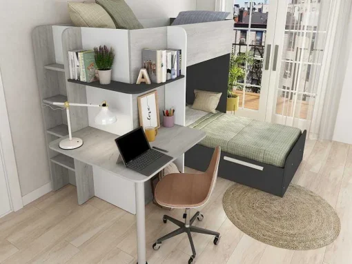 Hoekstapelbed 2 X 90 X 190 Cm - Met Bureau - Grijs, Wit En Zwart - Samuel