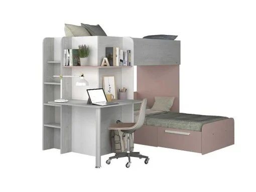 Hoekstapelbed 2 X 90 X 190 Cm - Met Bureau - Grijs, Wit En Roze + Matras - Samuel