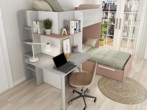 Hoekstapelbed 2 X 90 X 190 Cm - Met Bureau - Grijs, Wit En Roze + Matras - Samuel