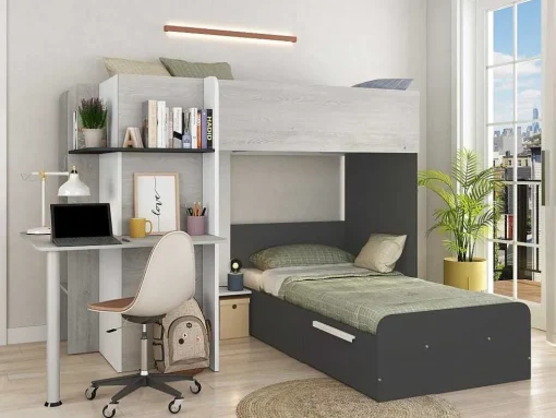 Hoekstapelbed 2 X 90 X 190 Cm - Met Bureau - Grijs, Wit En Zwart - Samuel