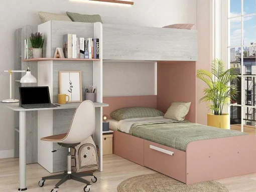 Hoekstapelbed 2 X 90 X 190 Cm - Met Bureau - Grijs, Wit En Roze + Matras - Samuel