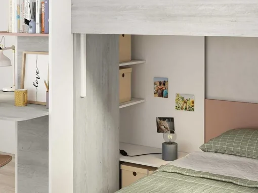 Hoekstapelbed 2 X 90 X 190 Cm - Met Bureau - Grijs, Wit En Roze + Matras - Samuel
