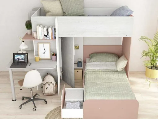 Hoekstapelbed 2 X 90 X 190 Cm - Met Bureau - Grijs, Wit En Roze + Matras - Samuel