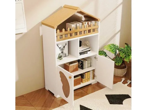 Hoog Dressoir - 2 Vakken En 2 Vlindervormige Deuren - Wit & Naturel