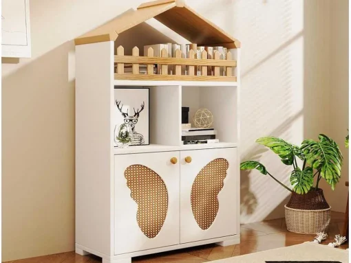 Hoog Dressoir - 2 Vakken En 2 Vlindervormige Deuren - Wit & Naturel