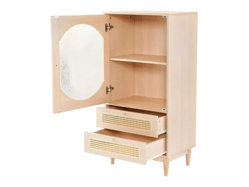 Hoog Dressoir Met 1 Transparante Acryldeur En 2 Rotan Lades - Landelijke Stijl - Naturel