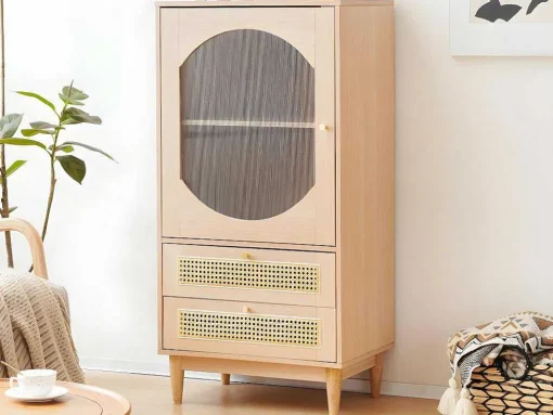 Hoog Dressoir Met 1 Transparante Acryldeur En 2 Rotan Lades - Landelijke Stijl - Naturel