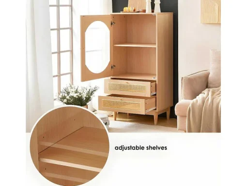 Hoog Dressoir Met 1 Transparante Acryldeur En 2 Rotan Lades - Landelijke Stijl - Naturel