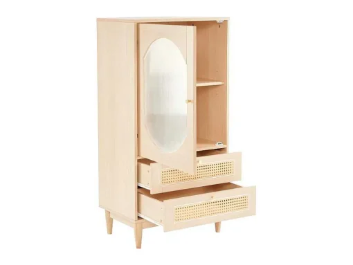Hoog Dressoir Met 1 Transparante Acryldeur En 2 Rotan Lades - Landelijke Stijl - Naturel