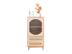 Hoog Dressoir Met 1 Transparante Acryldeur En 2 Rotan Lades - Landelijke Stijl - Naturel