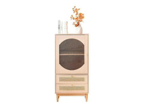 Hoog Dressoir Met 1 Transparante Acryldeur En 2 Rotan Lades - Landelijke Stijl - Naturel