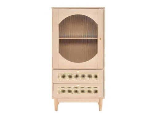 Hoog Dressoir Met 1 Transparante Acryldeur En 2 Rotan Lades - Landelijke Stijl - Naturel