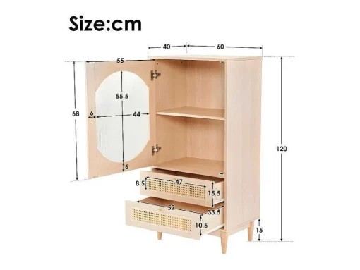 Hoog Dressoir Met 1 Transparante Acryldeur En 2 Rotan Lades - Landelijke Stijl - Naturel