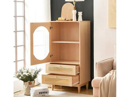 Hoog Dressoir Met 1 Transparante Acryldeur En 2 Rotan Lades - Landelijke Stijl - Naturel