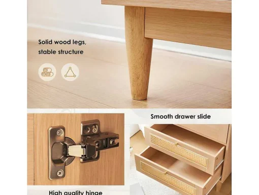 Hoog Dressoir Met 1 Transparante Acryldeur En 2 Rotan Lades - Landelijke Stijl - Naturel