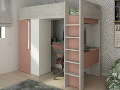 Hoogslaper - 90 X 200 Cm - Met Kast En Bureau - Roze En Wit + Matras -Nicolas