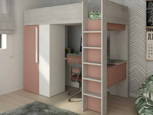 Hoogslaper - 90 X 200 Cm - Met Kast En Bureau - Roze En Wit + Matras -Nicolas